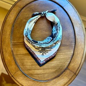 Paisley influenced black, red, white and gray silk bandana